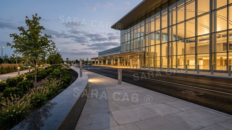 Airport arrivals forecourt in the evening