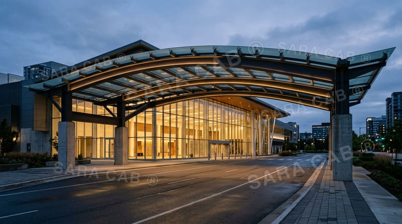 Convention centre drop-off canopy at dusk