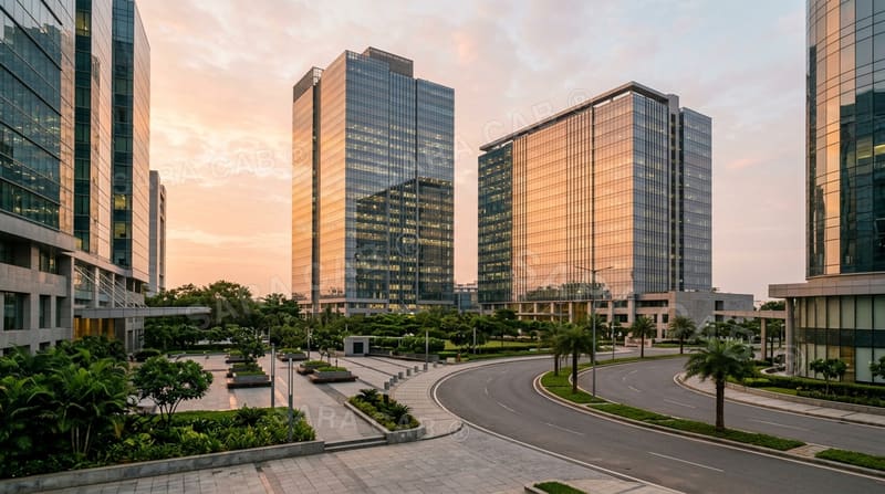 Glass office towers and empty forecourt at dawn