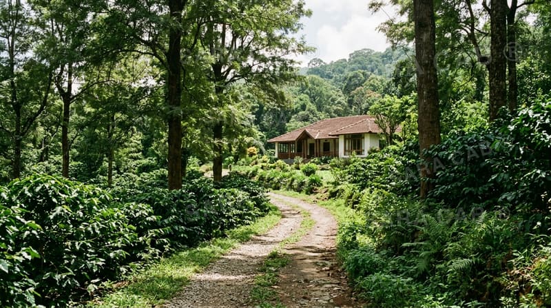 Plantation driveway winding toward an estate resort