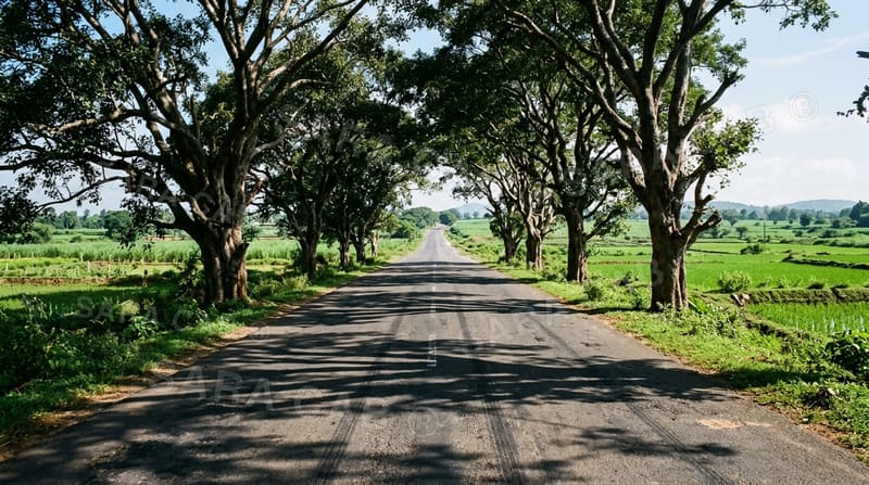 Tamarind-lined rural highway on a bright morning