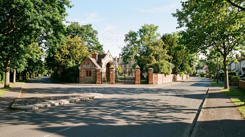 School gateway on a tree-lined street in the morning