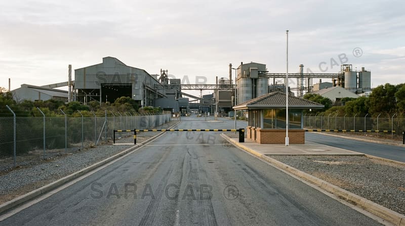 Industrial plant security gate in the morning