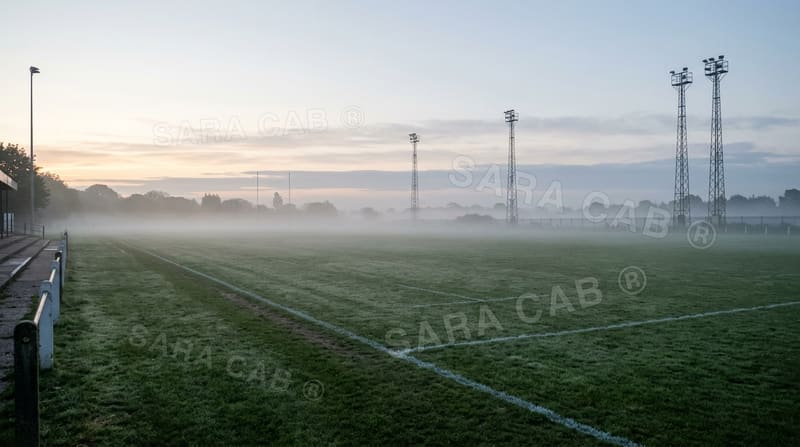 Empty sports ground at dawn with mist on the grass