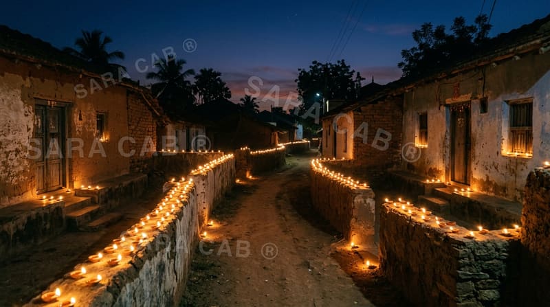 Village lane lined with clay oil lamps at dusk