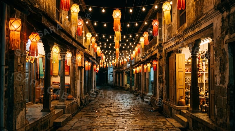 Street strung with festoon lights and lanterns at night