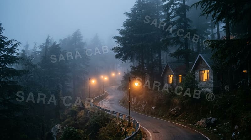 Foggy hill station road with warm lights at dusk
