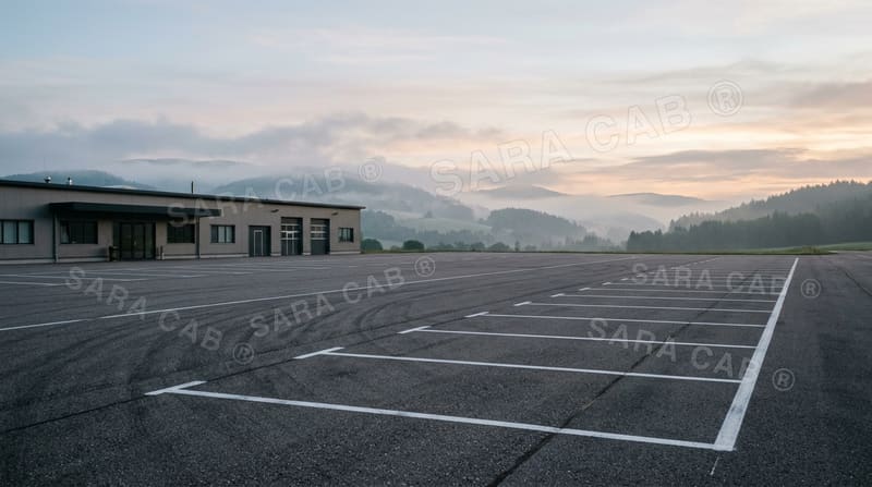 Empty tarmac apron at dawn where vehicles are readied