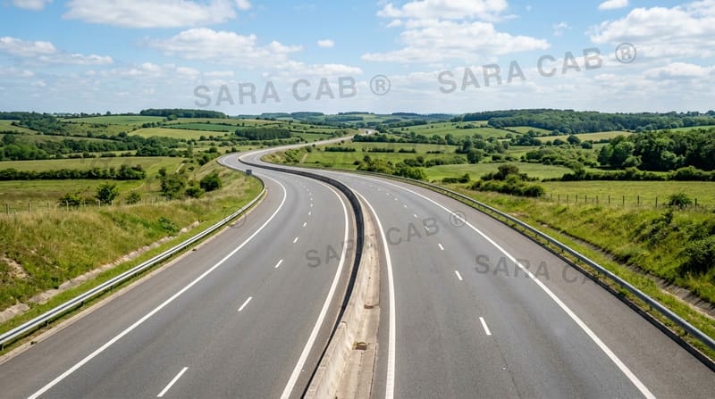 Broad divided highway curving through open countryside