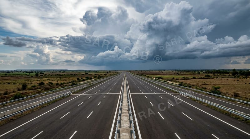 Six-lane expressway under monsoon clouds