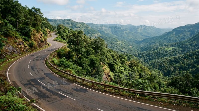 Winding two-lane hill road with forested slopes