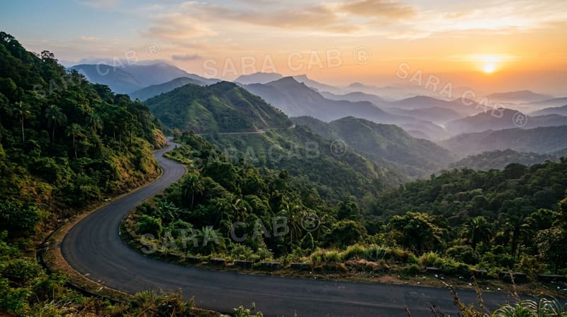 Highway curving into the Western Ghats at sunrise