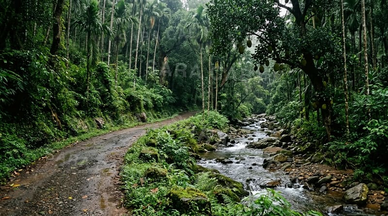 Forest road beside a rocky river in the Western Ghats