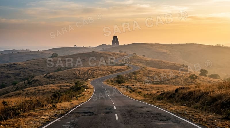Dawn road toward a distant temple town skyline