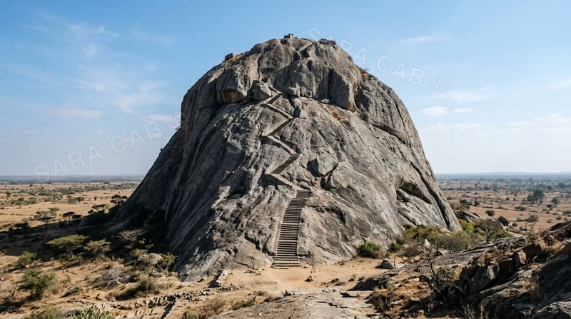 Bare granite hill with rock-cut steps rising from dry plains