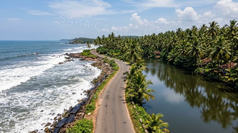 Coastal road between the sea and a backwater
