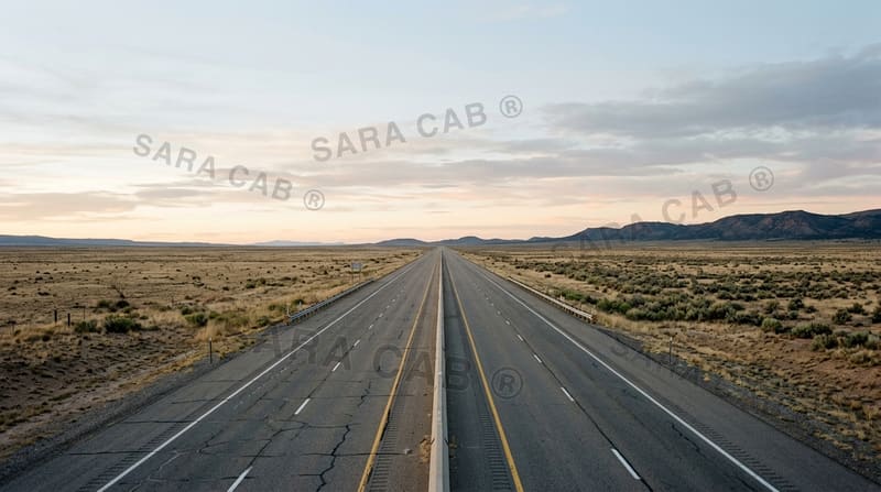 Long straight interstate highway across dry plains at dawn