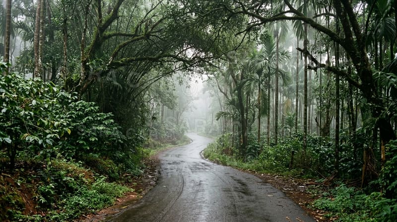 Narrow Malnad plantation road under overhanging canopy