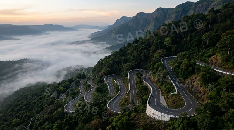 Hairpin ghat road climbing a forested hill at dawn