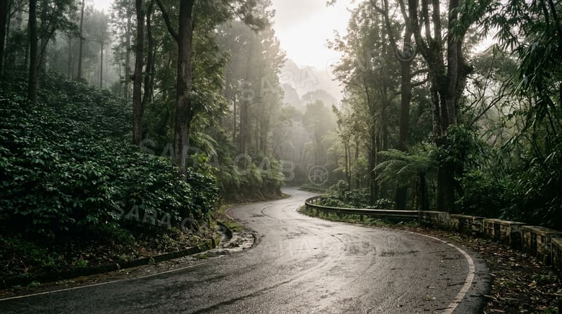 Misty plantation ghat road at dawn