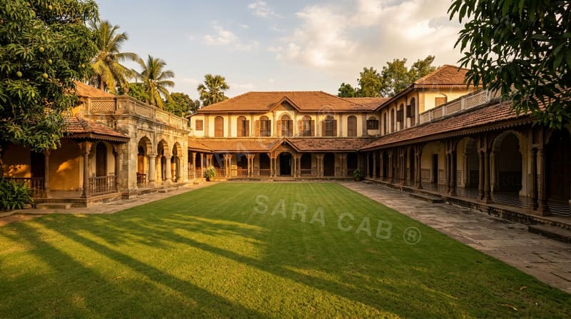 Heritage resort lawn and courtyard in late afternoon