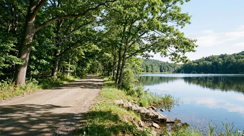Flat shaded lakeside road on a calm morning