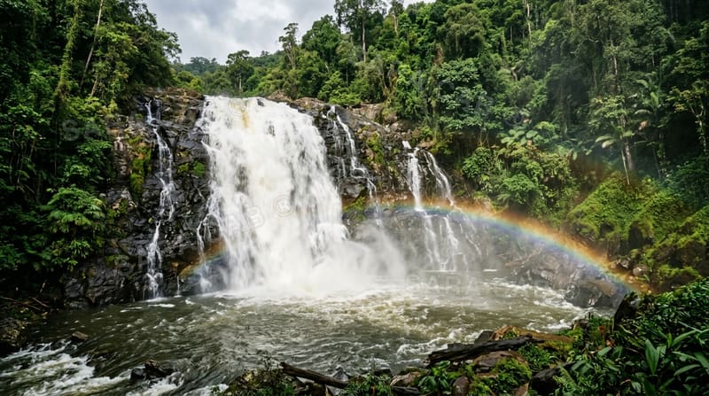 Wide monsoon waterfall over black rock