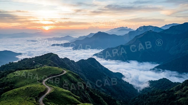 Layered ridgelines at sunrise with a hill road