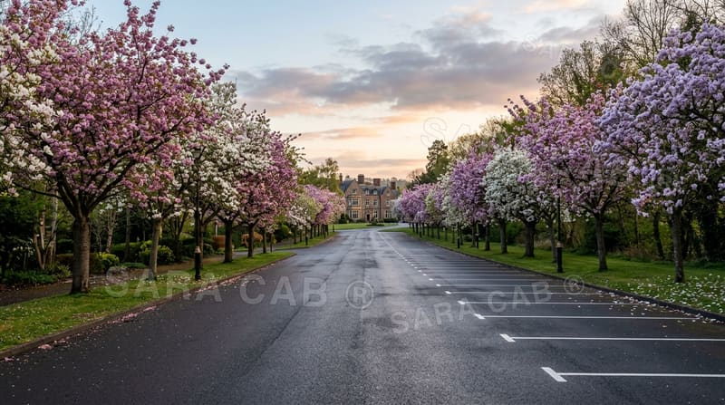 Broad venue driveway with empty parking bays at dawn