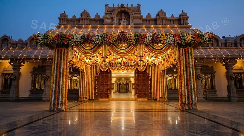 Wedding hall entrance decorated with marigold garlands at dusk