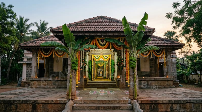 Wedding hall portico decorated at first light