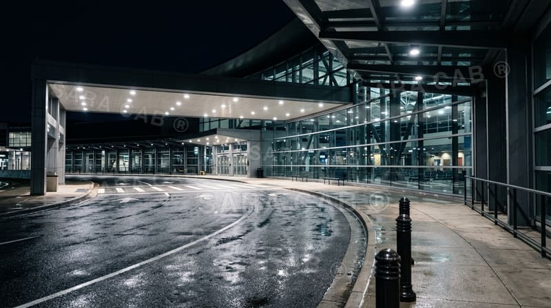 Airport terminal pick-up lane at night